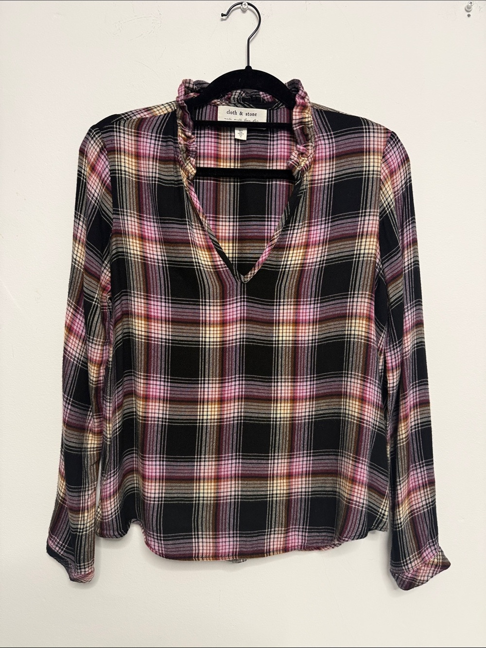 cloth & stone Pink and Black Plaid Ruffle V-Neck Button Down Top